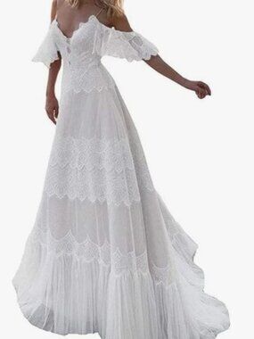 Beachy, BOHO Chic Wedding Dress, V-Neck Ruffle Sleeve